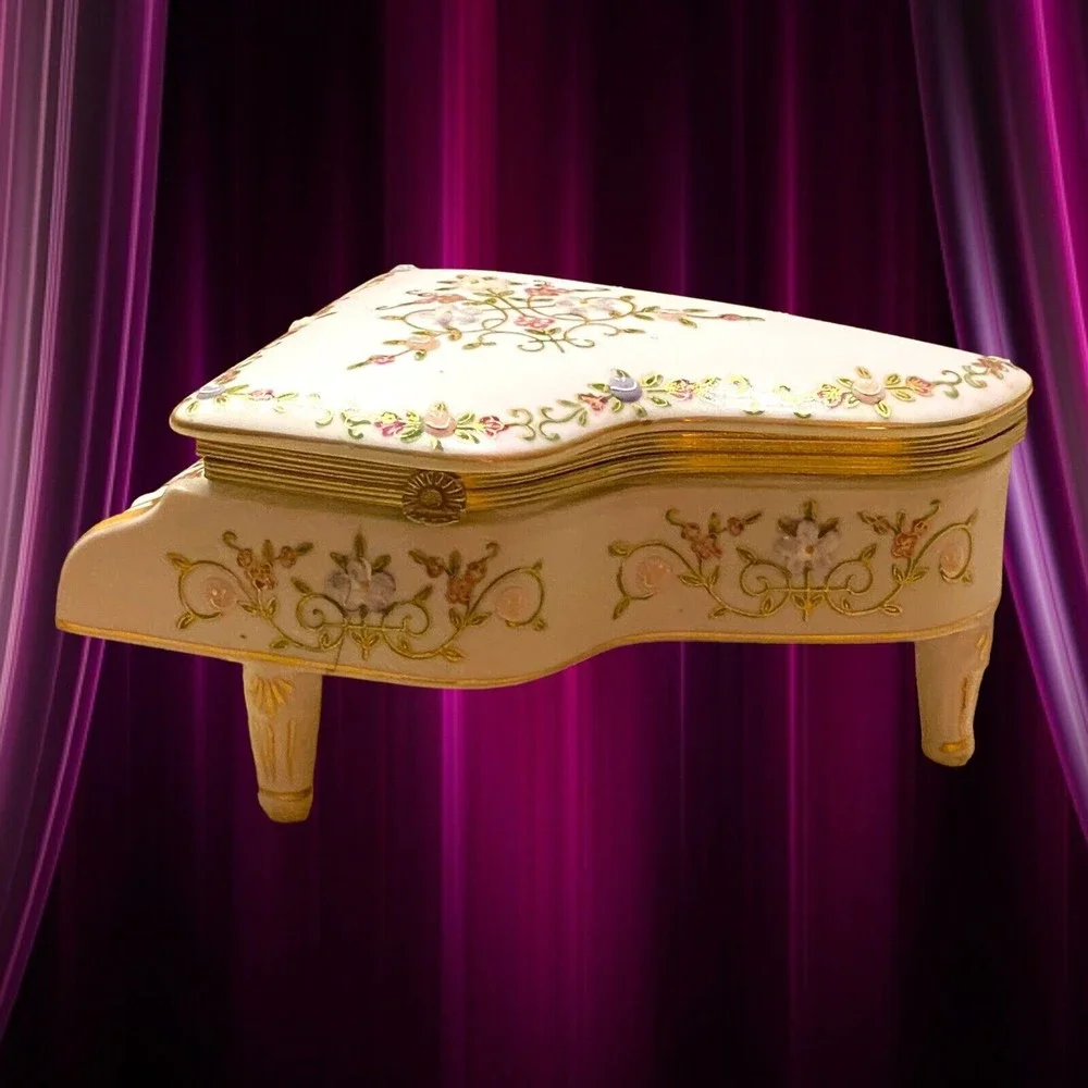 Vintage Piano Trinket Box Jewelry Japan Raised Embellished Floral Gold Trim
